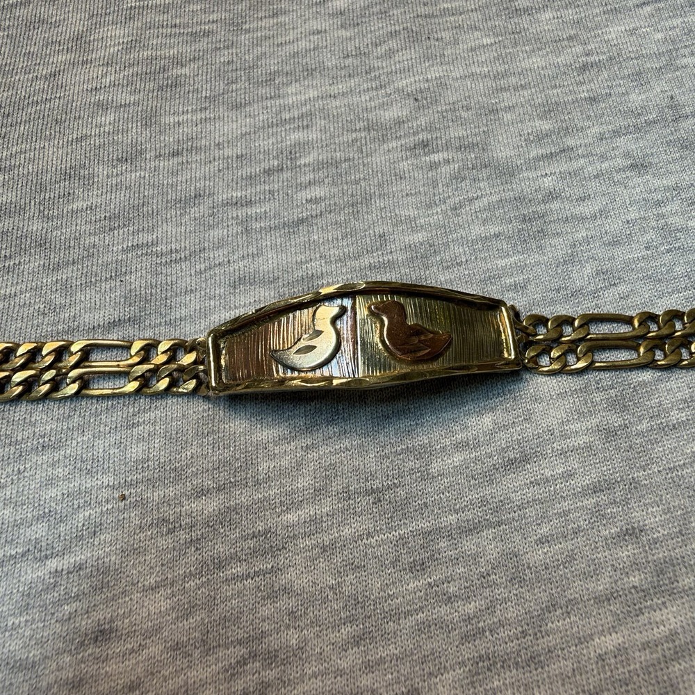 Vintage 14K Gold Tricolor Figaro ID Bracelet 7" Mexico 13.9g Ducks/Birds Solid